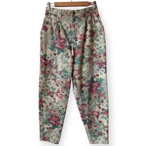 Vintage 80s Floral Tapestry Pleated Jeans Tapered Leg Tan Red Green Size 28 or 6